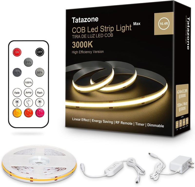 Tatazone White COB Led Strip Lights Max with RF Remote, 16.4ft 3000K Dimmable Ultra Bright Warm White COB Light Strip, Adhesive Indoor COB Led Lights for Living Room, Shelf, Cabinet - Image 1